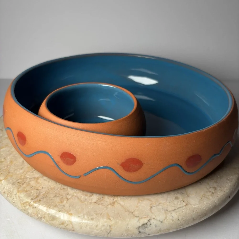 Terracotta Clay Chip And Dip Party Salsa Bowl Himark Portugal Pottery‎ Southwest